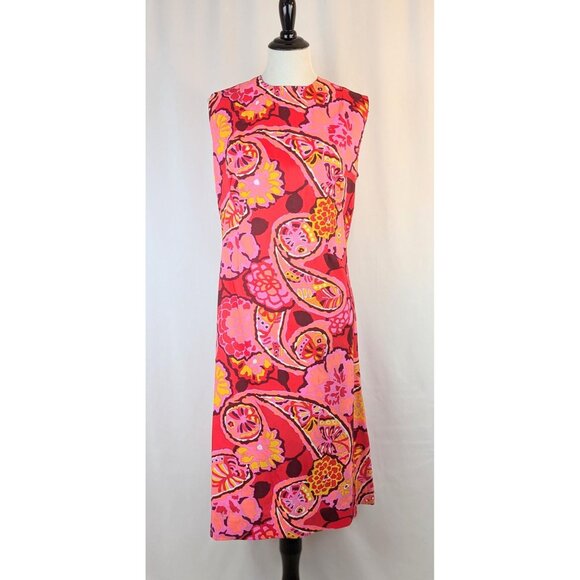 Vintage 60s Pink & Yellow Paisley Shift Dress Size M Womens Mod Midi Go-Go Shift - Picture 3 of 10